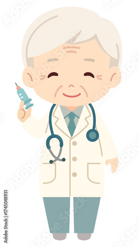 高齢ベテラン男性医師が注射器を持っているシンプルで可愛らしいベクターイラストアイコン