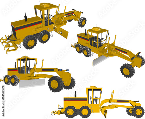 Large Yellow Motor Grader with Heavy Duty Blade, Rear Ripper and Six Big Rubber Tires for Road Construction, Land Grading, Infrastructure Development and Industrial Earthmoving Projects