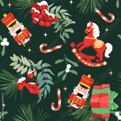 Christmas seamless pattern featuring nutcrackers and new year's toys. Perfect for kids' clothing and home decor, as well as wrapping paper.