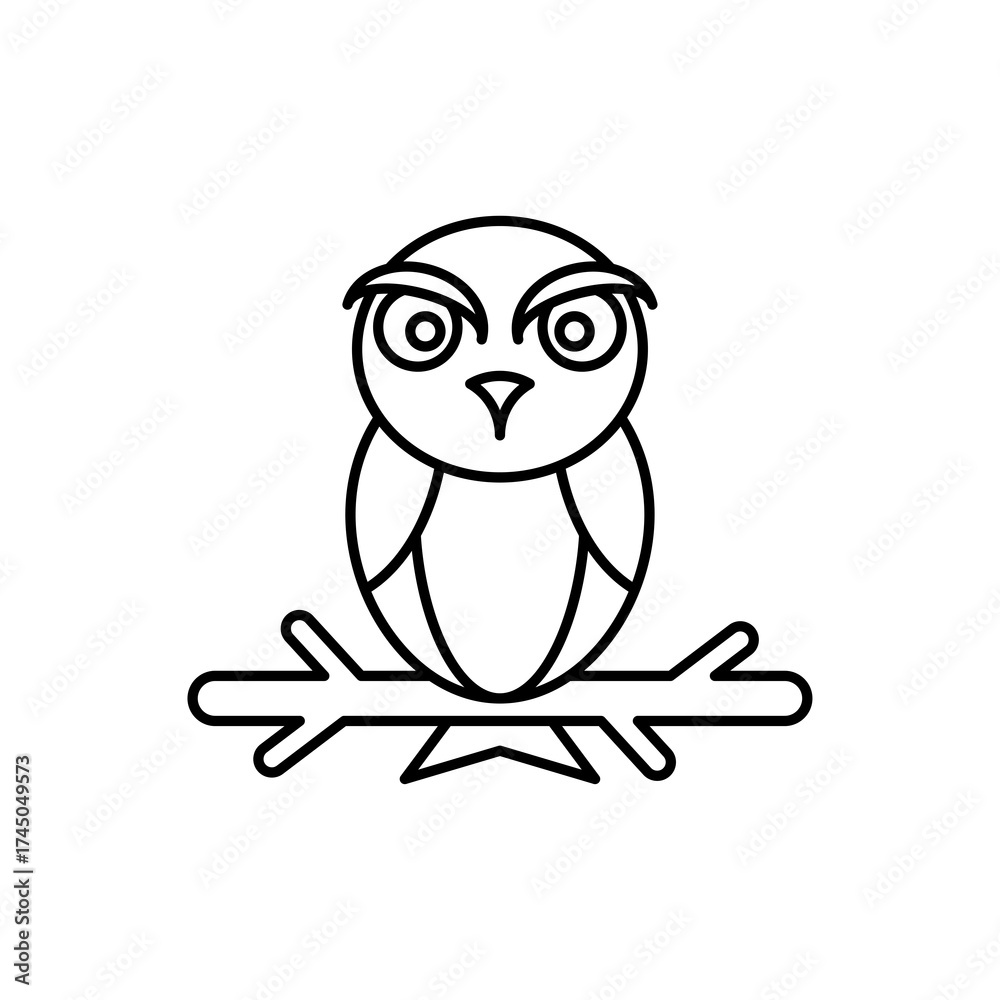 Obraz premium Elegant line art illustration depicting a wise owl perched gracefully on a tree branch, symbolizing knowledge and the natural world in a clean, minimalist vector icon design