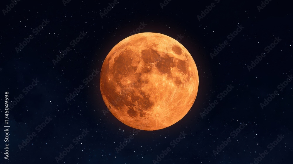 Obraz premium Full orange moon shining brightly in the dark night sky with stars.