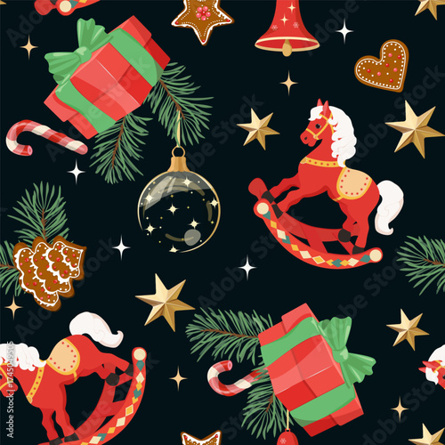 Christmas seamless pattern featuring gifts and new year's toys. Perfect for kids' clothing and home decor, as well as wrapping paper.