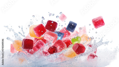 Colorful fruit pieces exploding in a splash of creamy liquid