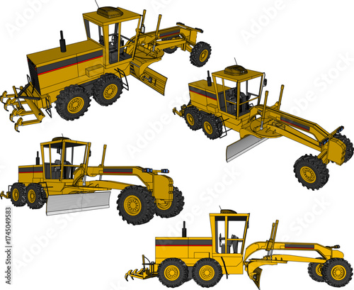 Large Yellow Motor Grader with Heavy Duty Blade, Rear Ripper and Six Big Rubber Tires for Road Construction, Land Grading, Infrastructure Development and Industrial Earthmoving Projects 