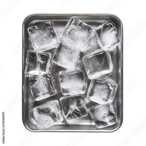 Clear ice cubes in a metal tray on a black background
