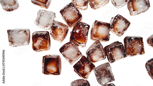 Close up of ice cubes with amber liquid inside against a black background