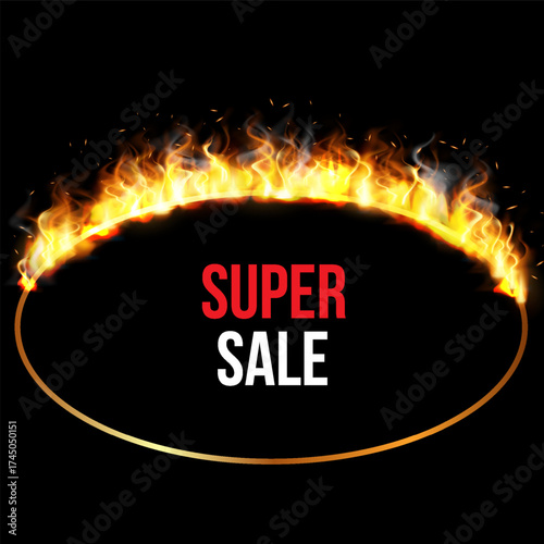Fire frame in the shape of oval ring, vector gold light round fiery frame with SUPER text, burning clipping mask border