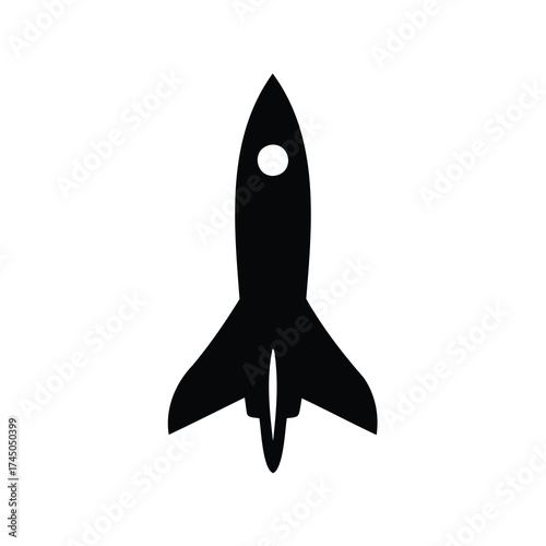 A single black rocket ship facing straight up with a white background