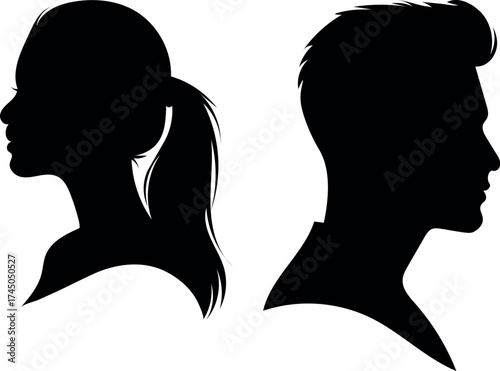 Black silhouette profiles of a woman with a ponytail and a man facing away from each other