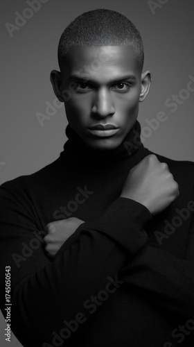 Studio portrait of young man in black turtleneck with confident pose