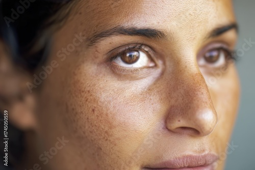 Realistic close-up of woman with natural freckles looking aside in warm light