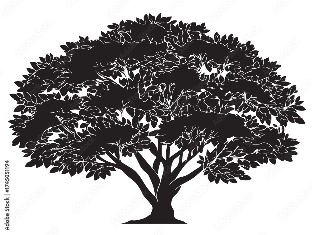 Fototapeta premium Tree With Full Foliage Silhouette 2D Vector Line Art Design