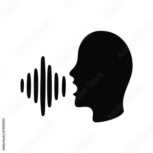 Silhouette of head with sound waves representing voice or speech recognition