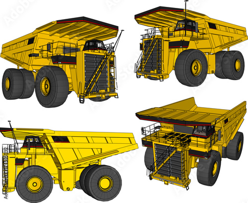 Massive Yellow Mining Dump Truck with Extra Large Heavy Duty Tires and Open Box Bed for Industrial Quarry, Earthmoving, and Construction Equipment Isolated on White Background 