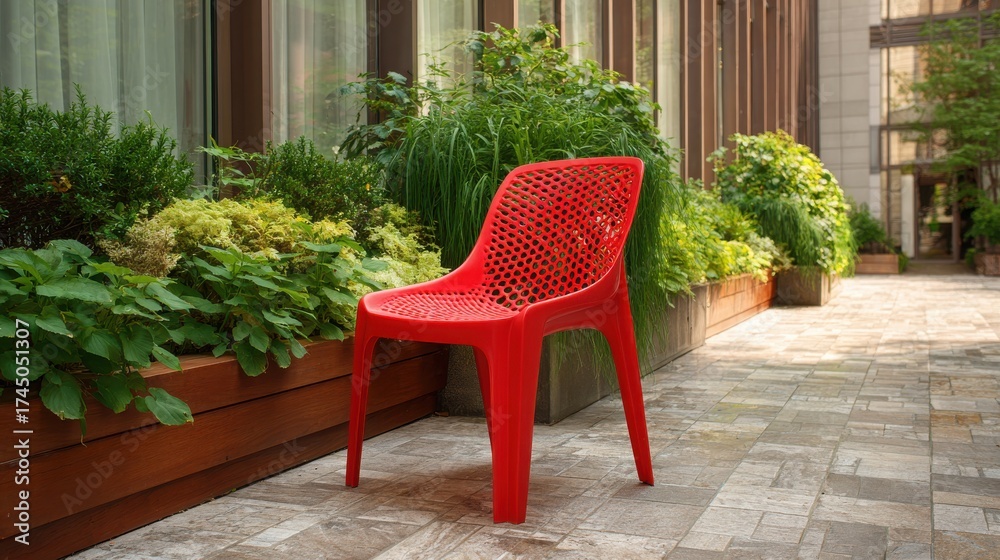 Obraz premium A vibrant red plastic chair sits amidst lush greenery in an outdoor setting.