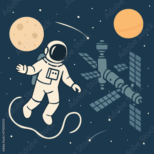 Astronaut floating in zero gravity next to a space station.