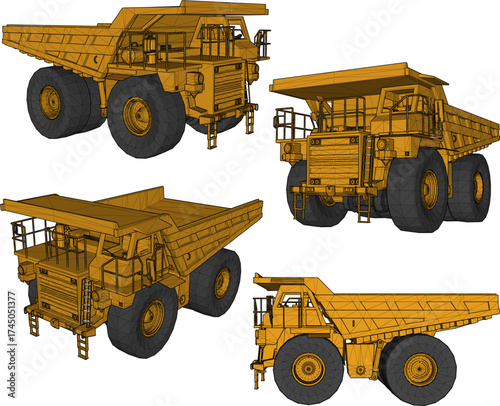 Massive Yellow Mining Dump Truck with Extra Large Heavy Duty Tires and Open Box Bed for Industrial Quarry, Earthmoving, and Construction Equipment Isolated on White Background