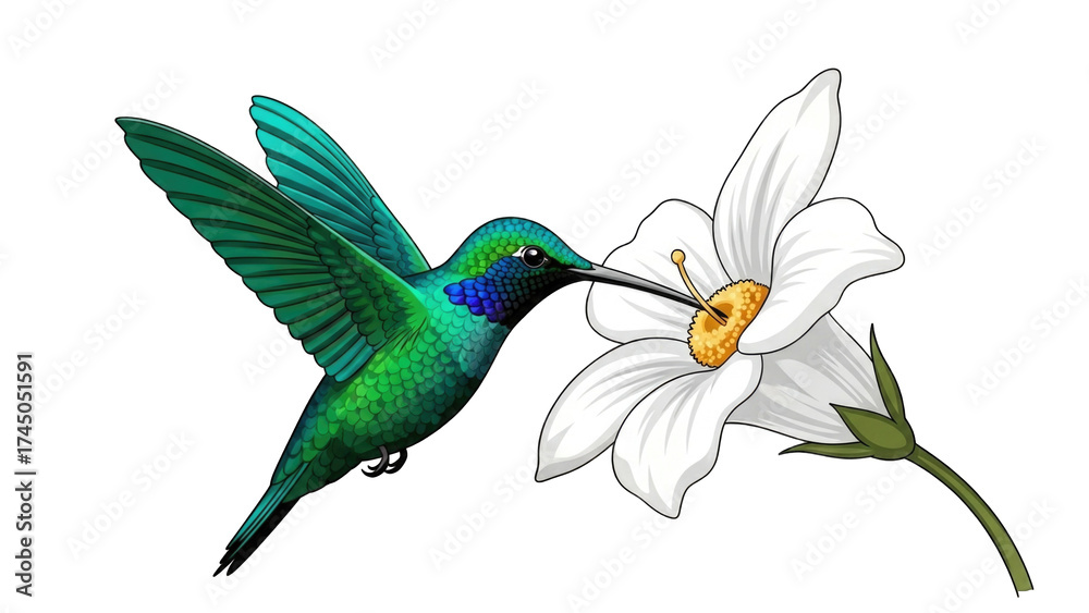 Obraz premium Vibrant hummingbird feeding on a white flower (4)