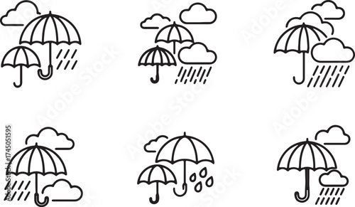 Rain and Umbrella Icons – Calm and Protection Line Vector Set