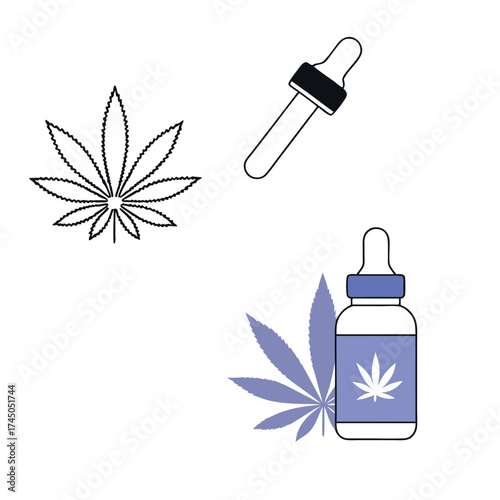 CBD oil drops bottle, marijuana leaf, and dropper icons for cannabis, hemp, and medicine.