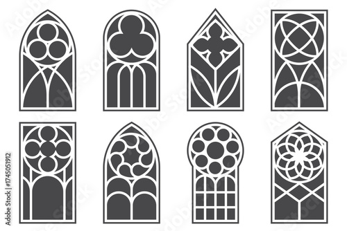 Gothic church window frames. Cathedral architecture elements. Medieval castle vintage stained glass arches. Catholic interior decoration on white background. Door shapes with pattern. Vector