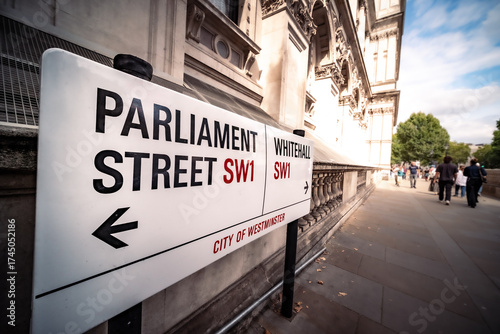 LONDON- Parliament Street and Whitehall street sign close to Downing Street. The central area of British government departments
