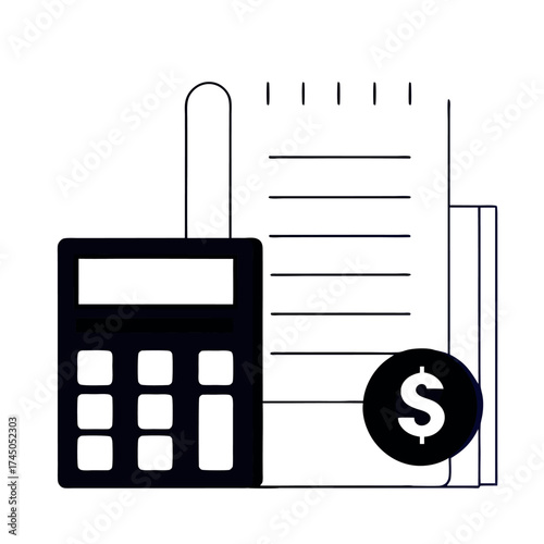 Calculator, receipt, and dollar sign icon for finance, budgeting, and calculating expenses.
