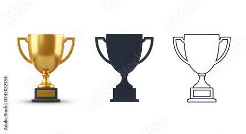 Three trophies golden silhouette and outline representing achievement success and victory