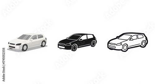Three diverse car representations realistic white solid black and outlined sketch for automotive design concepts