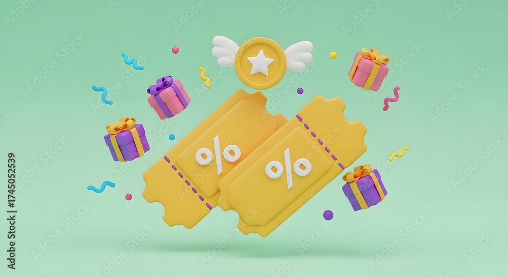 Obraz premium Exclusive discount coupon and customer loyalty program rewards. Special offer promotion and prize giveaway. Floating star coin with wings, percentage tickets, and wrapped presents