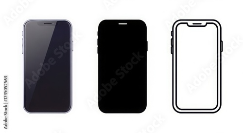 Three modern smartphones display front view designs with different styles including a full screen option