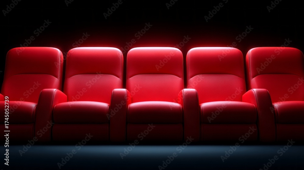 Fototapeta premium Comfortable red seating in a dark movie theater set for an engaging film experience at night