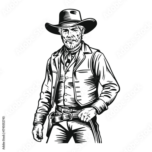 Cowboy vintage hand-drawn illustration, black and white engraving style, retro line art, clean lines, minimal shading, high contrast, isolated on white background