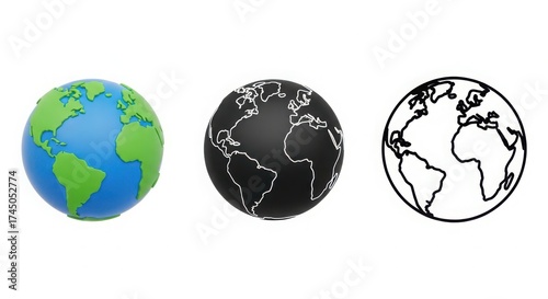 Three earth globes showing different styles concept of global representation and design elements