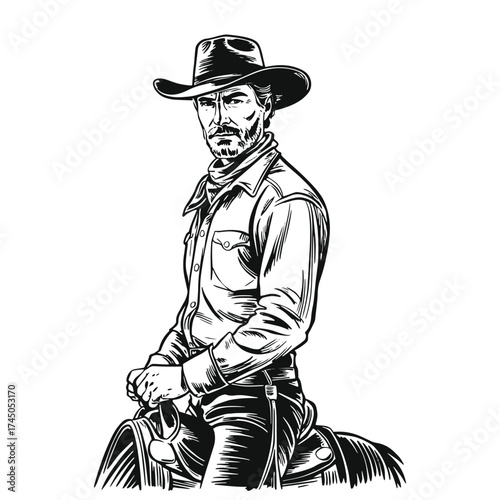 Cowboy vintage hand-drawn illustration, black and white engraving style, retro line art, clean lines, minimal shading, high contrast, isolated on white background