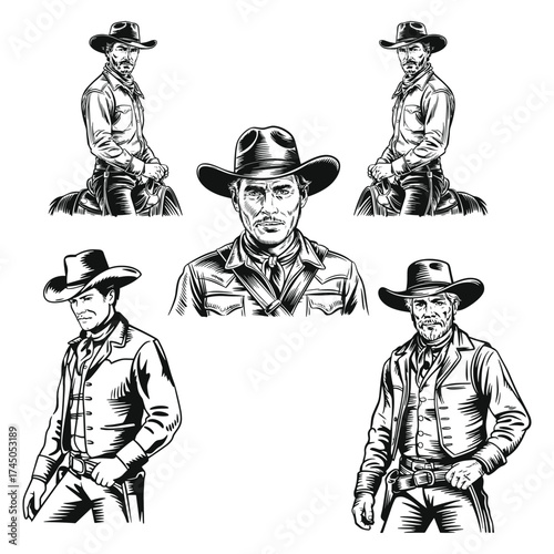 Cowboy vintage hand-drawn illustration, black and white engraving style, retro line art, clean lines, minimal shading, high contrast, isolated on white background