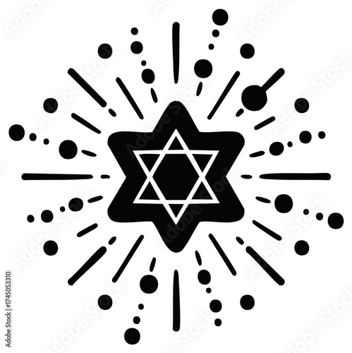 Simple Graphic Star of David Illustration with Explosions and Bubbles for Jewish Culture