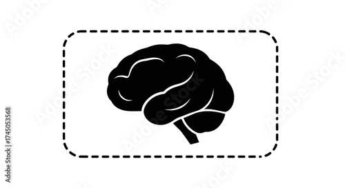 Human Brain Silhouette in Dashed Rectangle on White Background.