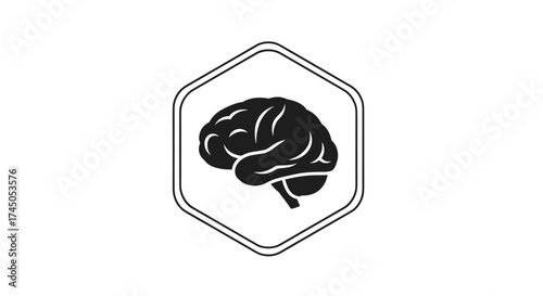 Human Brain Icon in Hexagon Shape Representing Thought and Intelligence.
