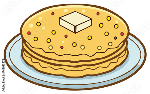 Simple cartoon illustration of a stack of pancakes with butter and colorful sprinkles on a plate