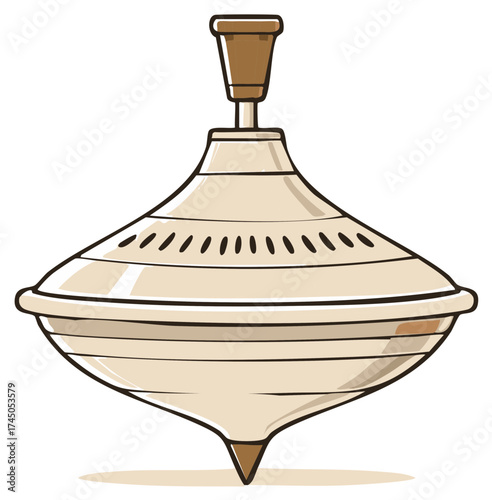 Classic spinning top toy with brown handle and base, isolated vector illustration