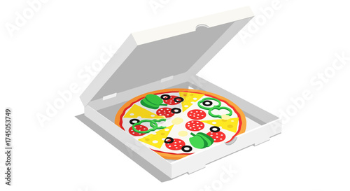 Isometric Pizza in Open Box Illustration.