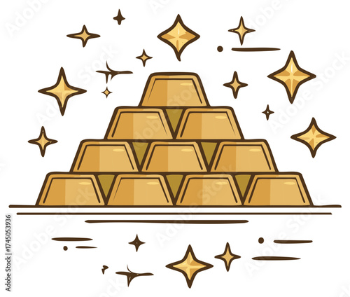 Illustration of Stacked Gold Bars with Sparkling Star Accents Richness Abundance