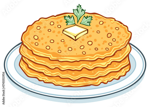 Stack of golden pancakes with melting butter and fresh herb garnish on a plate