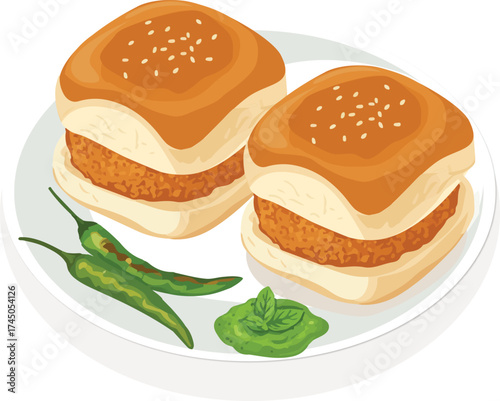 Vada Pav Illustration with Chilis and Chutney vector 