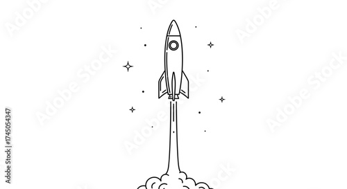 Minimalist Rocket Launching into Space with Stars.
