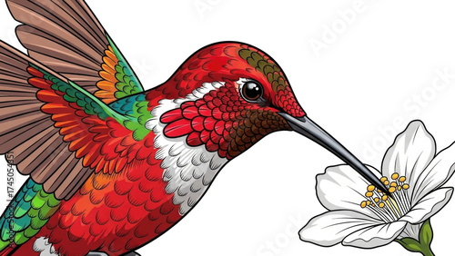 Vibrant hummingbird feeding on a white flower (7)