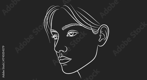 Minimalist White Line Art Portrait of a Young Person on Black Background.