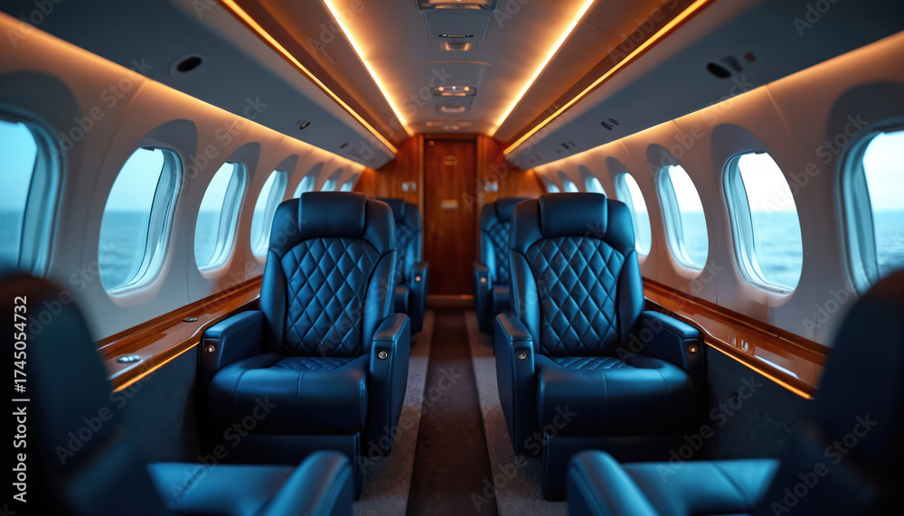 Fototapeta premium Luxurious private jet interior features deep blue leather seats, polished wood accents, warm cabin lighting. Empty cabin shows high-end air travel. Executive plane offers comfort, privacy for