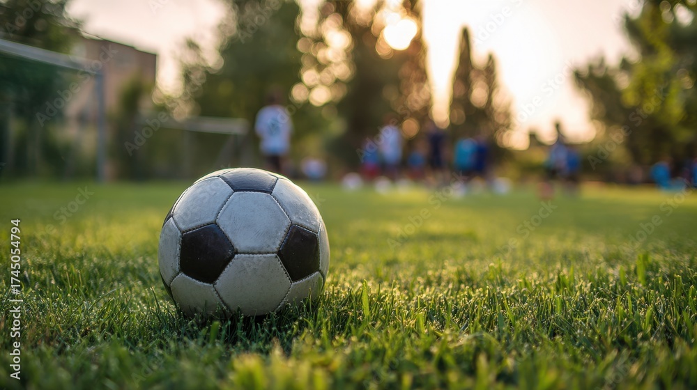 Obraz premium Soccer ball resting on the grass field with players practicing in background.